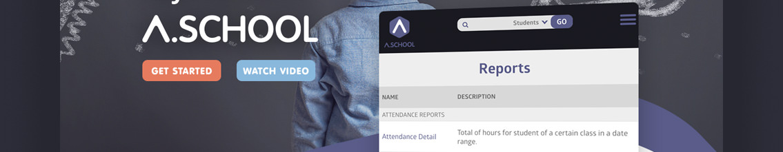 Text reading “A.school” and demonstration of app homepage.