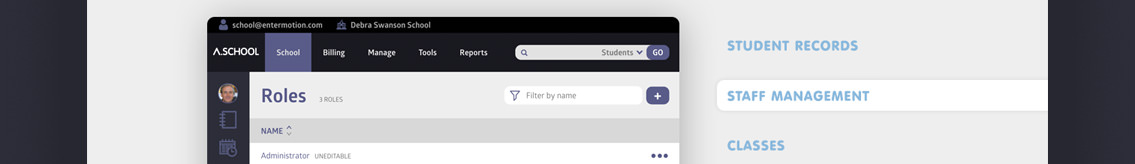 Demonstration of app and text reading “Student Records,” “Staff Management”, “Classes.”