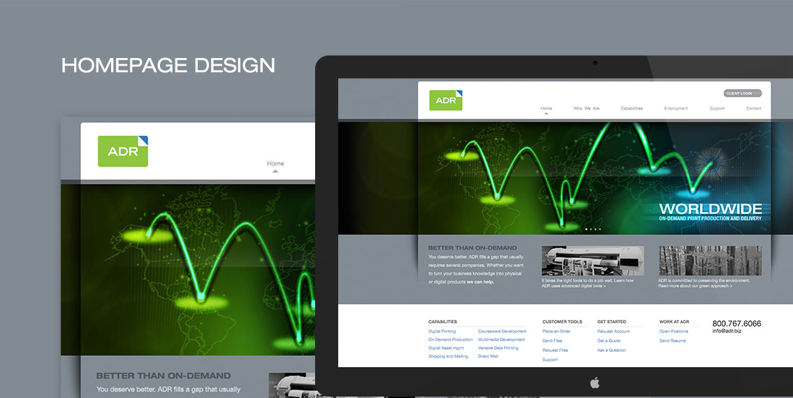 View of ADR's homepage design and header, designed by Entermotion, a Wichita web-design studio.
