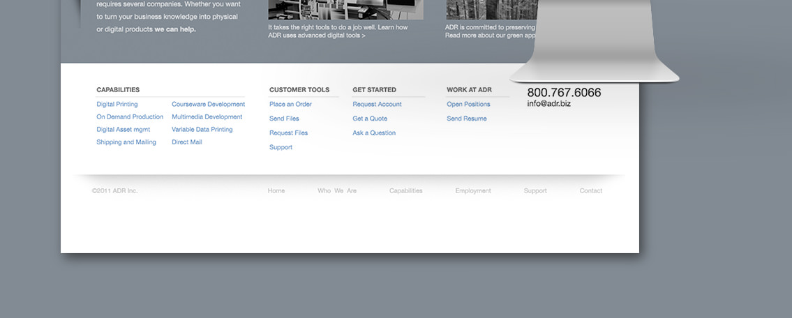 View of ADR's footer design, designed by Entermotion, a Wichita web-design studio.