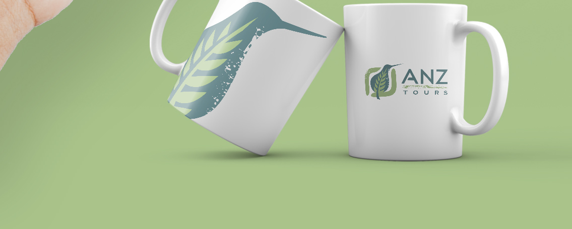 Two white mugs displaying the ANZ Tours logo on a green background.