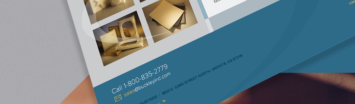 Bottom slice of brochure with contact information and address for Buckley Industries.
