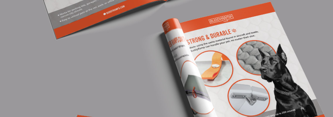 Brochure demonstrating the various uses of a Buddy Ramp with one page rolled up.