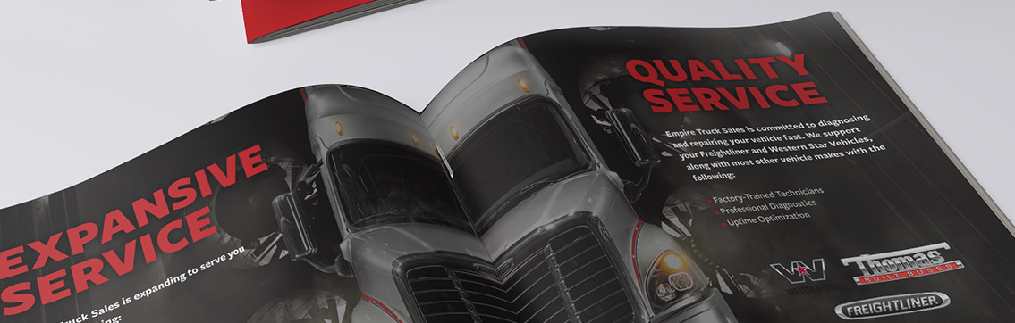 Open brochure displaying an image of a truck spread over two pages with headlines, “Expansive Service” and “Quality Service.”