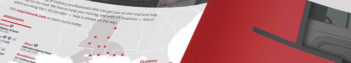 Back of brochure with a map highlighting areas in Mississippi and Florida.