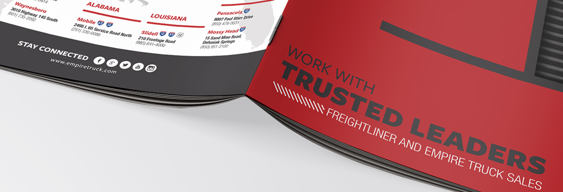 Back and front of brochure with title text reading “Work with Trusted Leaders” and “Freightliner and Empire Truck Sales.”