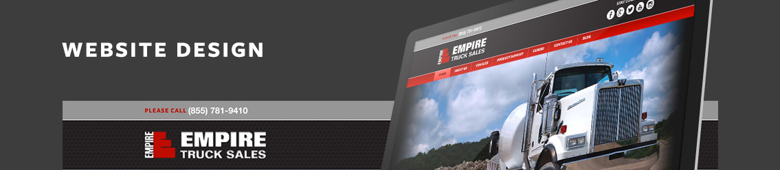 Text reading “Website Design” and a monitor demonstrating Empire Truck Sales’ website.