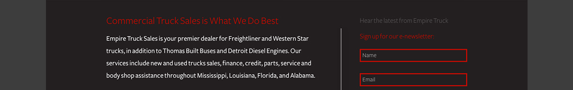 Website display with text discussing Empire Truck Sales’ services and a newsletter sign-up.