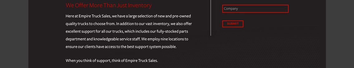 Website display with text discussing Empire Truck Sales’ services.