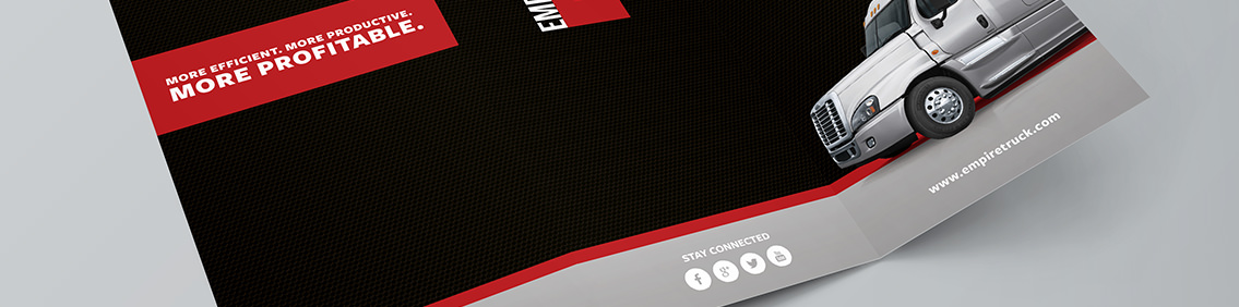 Black tri-fold brochure with image of a truck and social media icons.