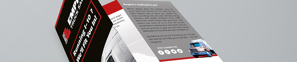 Front display of tri-fold brochure with image of a truck text reading “Running I-10? We’ll fit you in!”