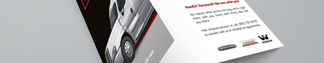 Bottom section of a tri-fold brochure displaying an image of a truck on the front and text reading, “Haulin’ forward? We are with you” on the back.