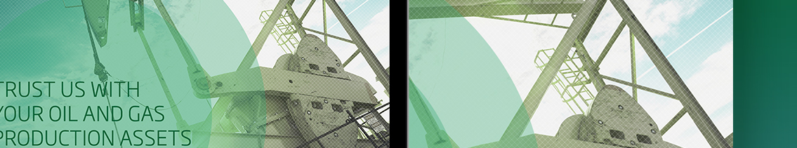 Part laptop screen, part green background, both showing a partial oil rig.