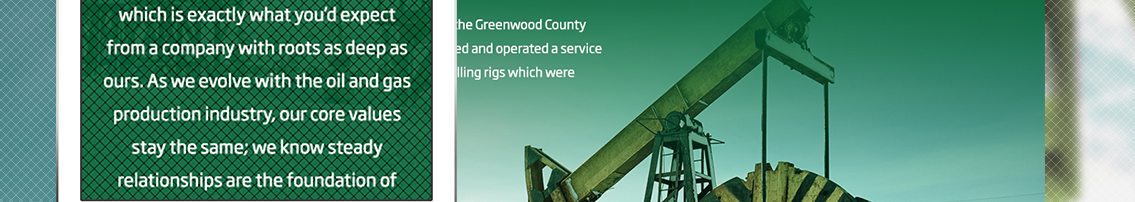 White text on green background of a tablet and image of top half of an oil rig.