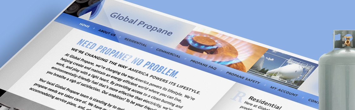 Display of the Global Propane homepage with a propane tank on the right hand side.