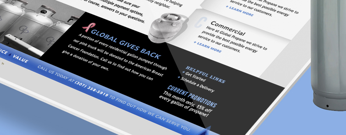 Bottom half of display of the Global Propane homepage with a propane tank on the right hand side.