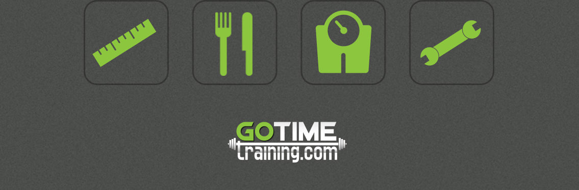 Demonstration of various icons such as a ruler, knife and fork, scale and wrench and the “GoTime” logo.