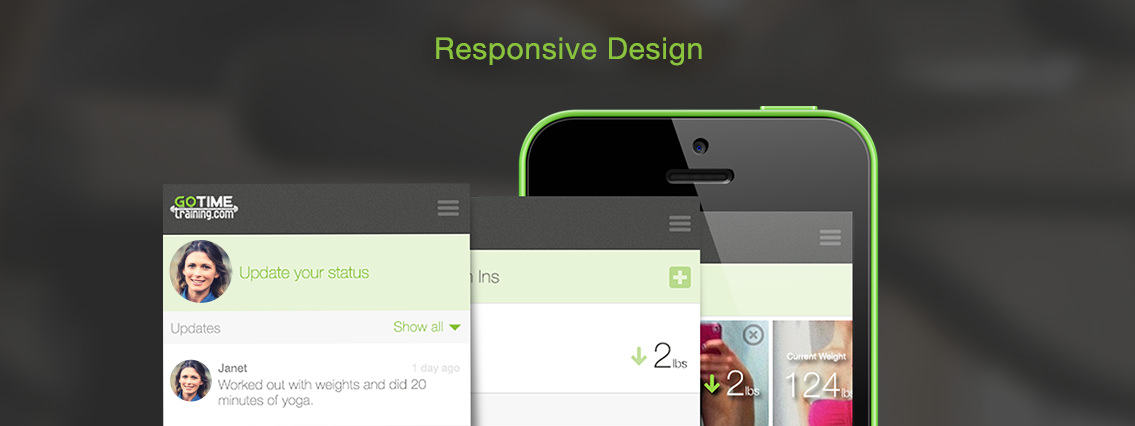 Text: “Responsive Design” and top half of a mobile phone demonstrating the app.