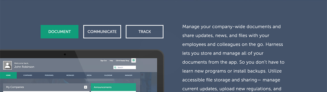 Three buttons which say “Document”, “Communicate”, and “Track”, as well as white text describing the features of the app.