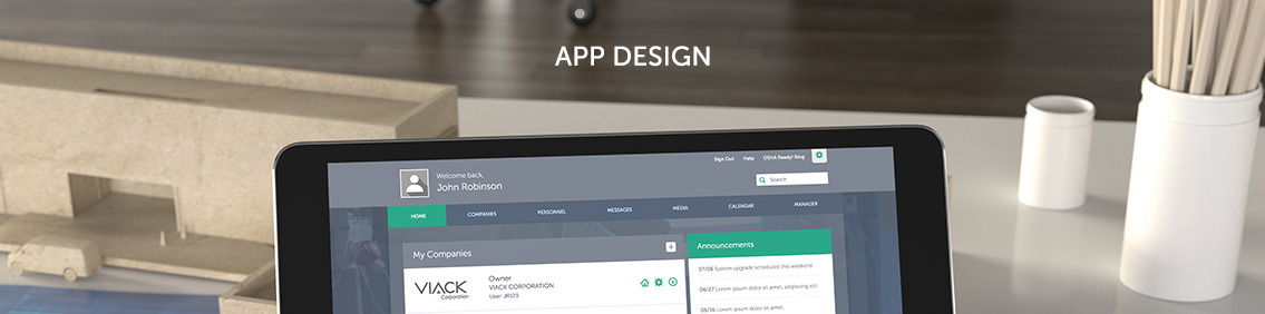 Header: “App Design” and the top half of a tablet demonstrating the app.