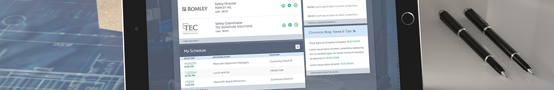 Middle part of a tablet demonstrating the app and two pens to the side.