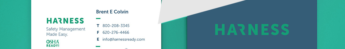 The front and back designs of a Harness business card in green, white and dark blue.