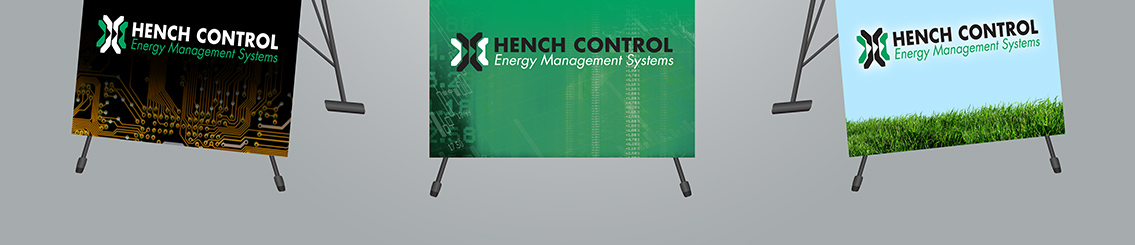 Hench Control logo displayed on three banners—one with brown background, one with green background, and one with blue background.