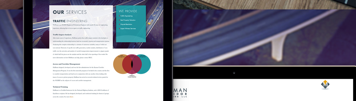 Mobile device and laptop displaying Huffman Corridor Consulting website.