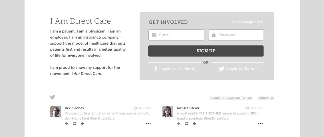 Snippet of IAmDirectCare's sign-up form, created by Entermotion.