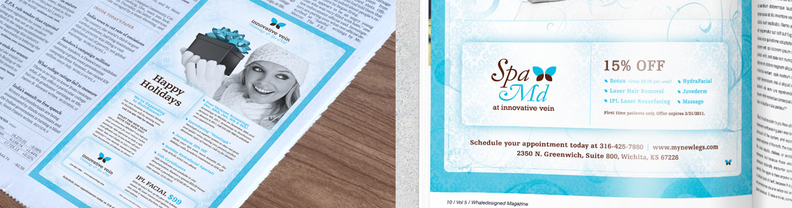 Coupons and ads for Innovation Vein showing a woman holding a gift in a newspaper and a magazine with the text “15% off”.