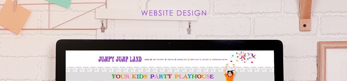 Website header with the text “Website Design” and top third of a monitor showcasing website navigation bar.