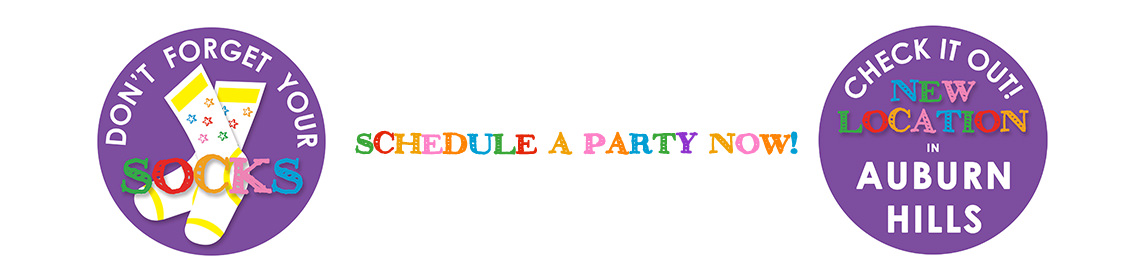 Colorful text reading “Schedule A Party Now!” on a white background and two purple buttons.
