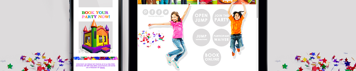 Mobile device and tablet demonstrating responsive web design on their respective screens; pictures of a jumping castle and happy children.