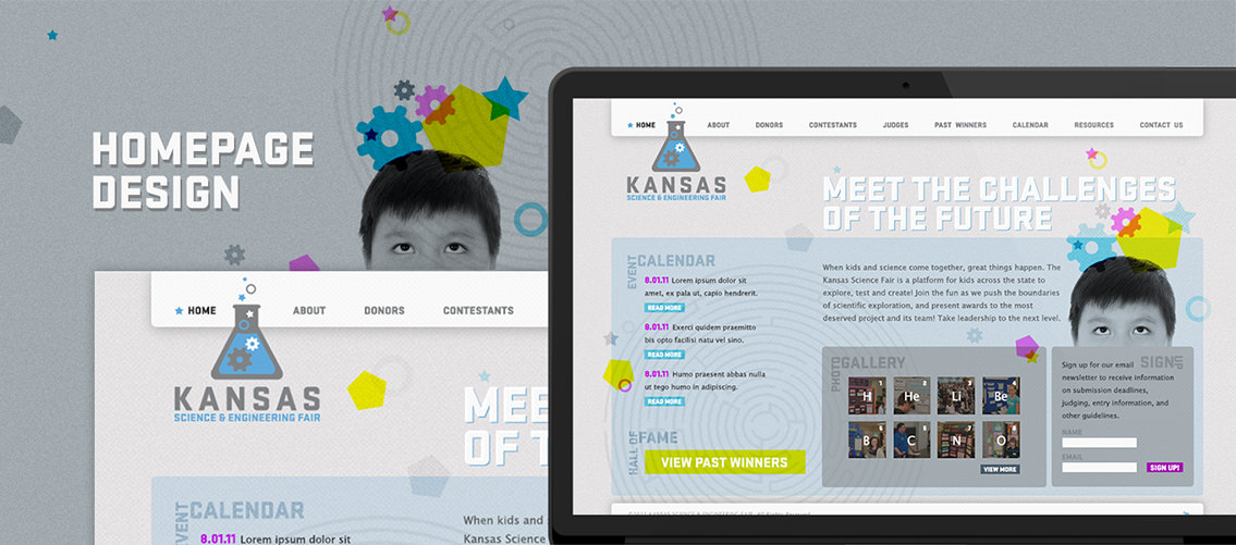 Homepage design for KSSEF's website, featuring boy's head peeking out from the website navigation.