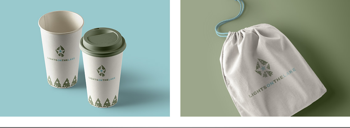 Lights on the Lake tree logo on coffee mugs and a Lights on the Lake bag.