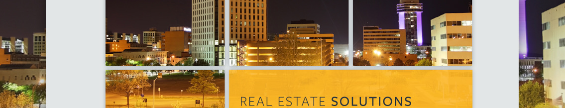Demonstration of website landing page with tiled image of a city; text reading “Real Estate Solutions.”