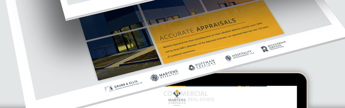 Secondary slanted view of the Marten Companies’ landing page, text reading “Accurate Appraisals”, and logos of Marten Companies subsidiaries.