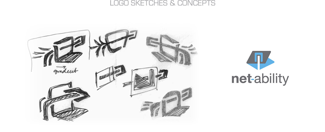 Logo sketches and completed logo concept for Net-Ability's logo.