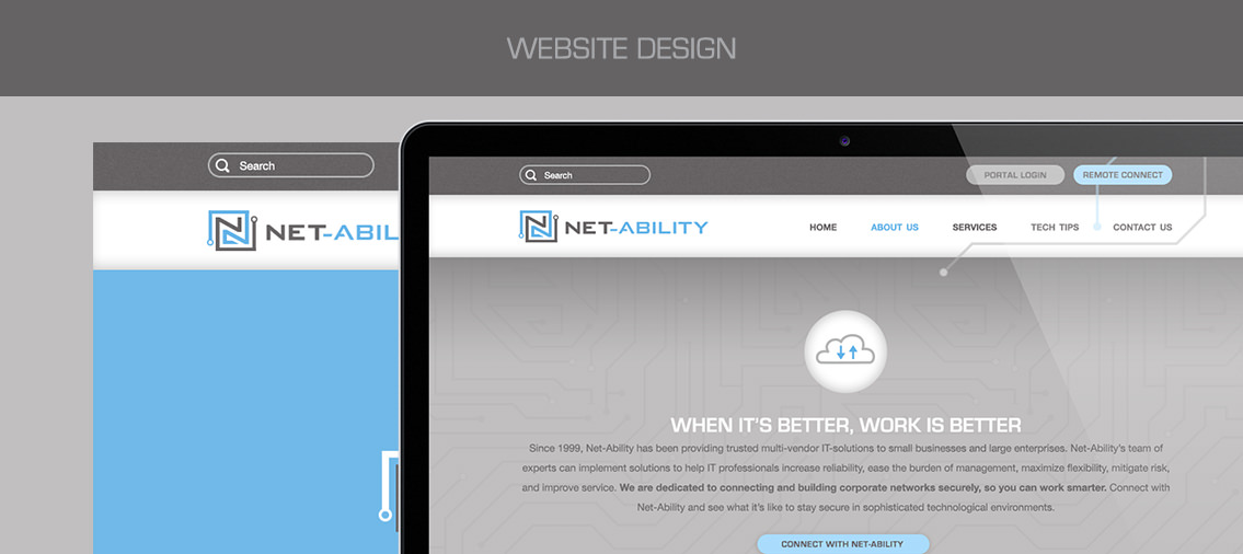 View of homepage design for Net-Ability's website.