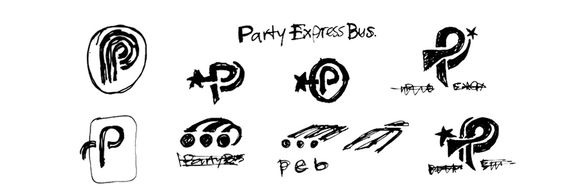 Text reading “Party Express Bus” and a number of hand-sketched logos.