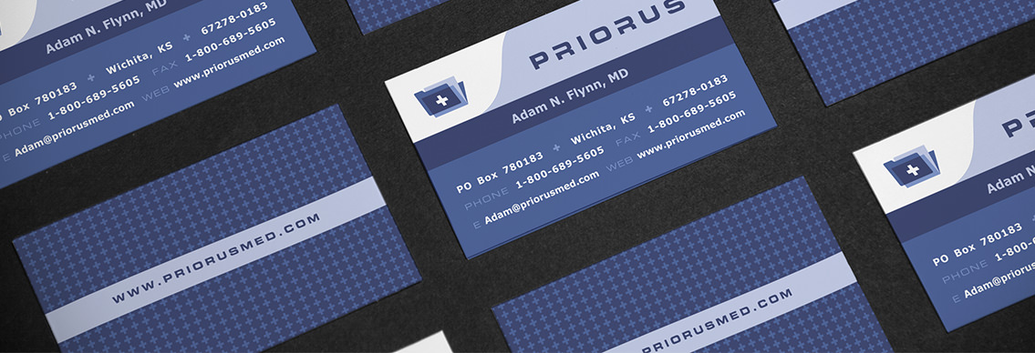 View of Priorus' business card design, designed by Entermotion, a Wichita web-design studio.