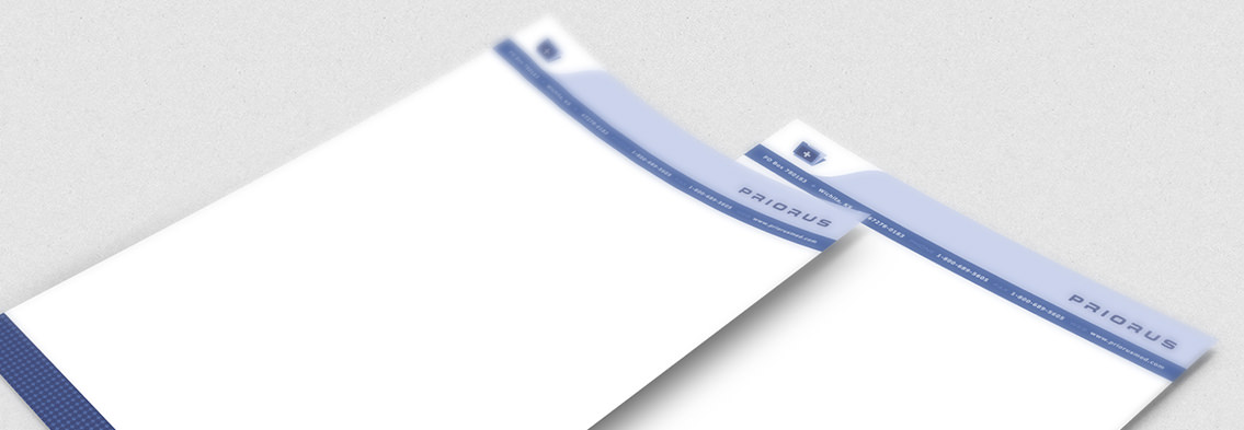 View of Priorus' letterhead design, designed by Entermotion, a Wichita web-design studio.