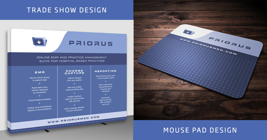 View of Priorus' trade show and mouse pad design, designed by Entermotion, a Wichita web-design studio.