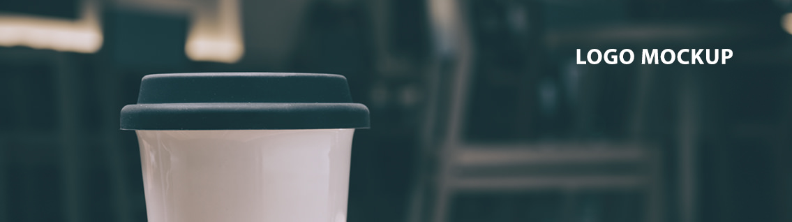 Text reading “logo mockup”, a blurred background and a coffee cup.