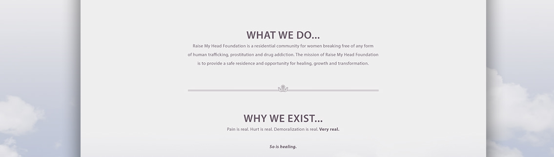 Homepage text reading “What We Do” and “Why We Exist”, accompanying explanations on a white background.