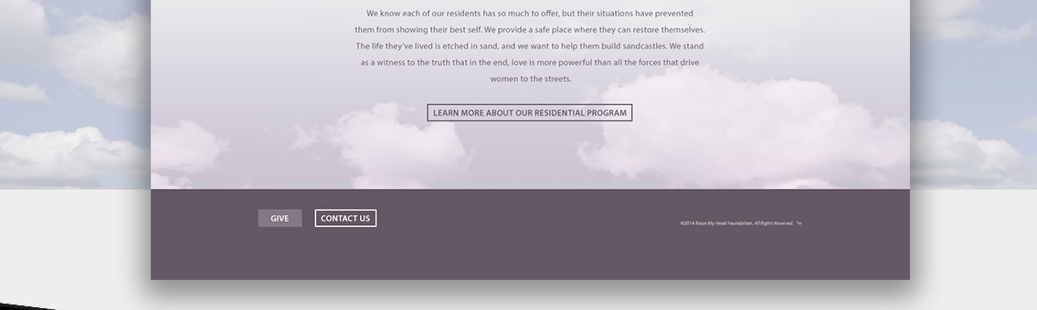 Footer on the homepage of the “Raise My Head Foundation” website, with Contact Us and Learn More buttons.