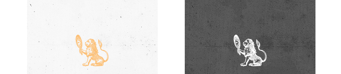 Golden lion holding hand-held mirror. White lion holding hand-held mirror.