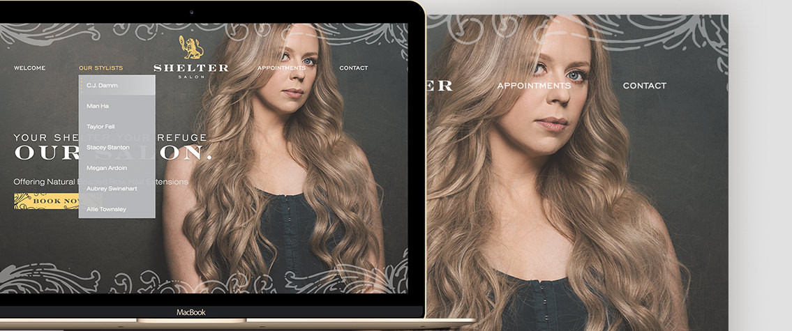 Woman with long blonde hair next to stylist drop-down menu on website.