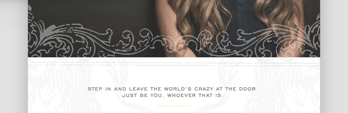 Detail of silver text below illustrative detail on Shelter Salon website.