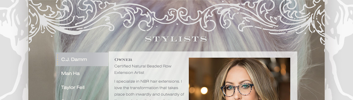 Detail of stylist page featuring blonde woman with black and transparent glasses.